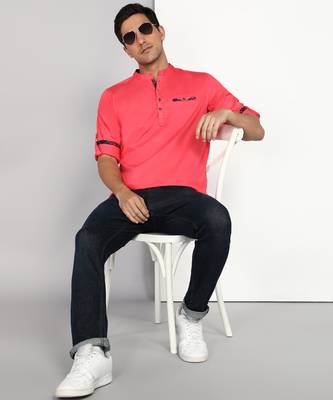 men's salmon pink cotton casual short kurta 4