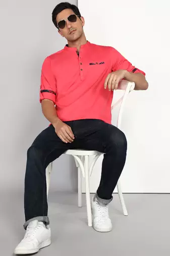 men's salmon pink cotton casual short kurta