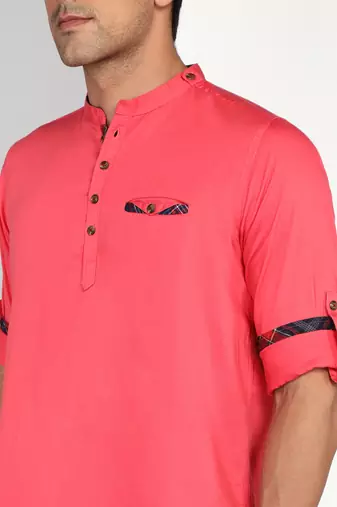 men's salmon pink cotton casual short kurta