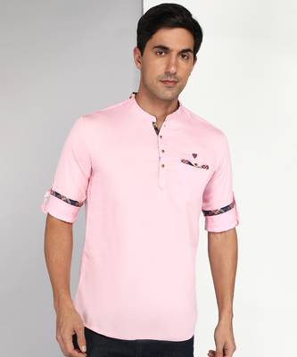 men's baby pink cotton casual short kurta 1