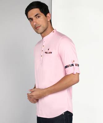 men's baby pink cotton casual short kurta 3
