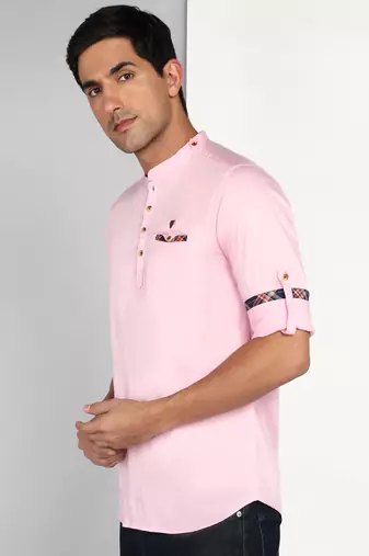 men's baby pink cotton casual short kurta