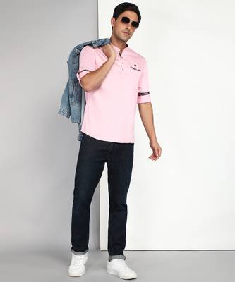 men's baby pink cotton casual short kurta 4