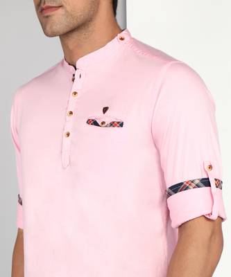 men's baby pink cotton casual short kurta 5