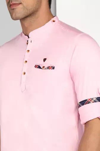 men's baby pink cotton casual short kurta