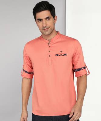 men's copper orange cotton casual short kurta 1