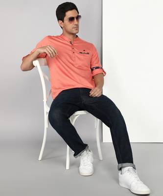 men's copper orange cotton casual short kurta 4