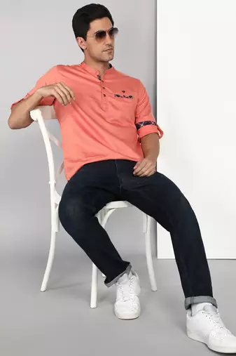 men's copper orange cotton casual short kurta