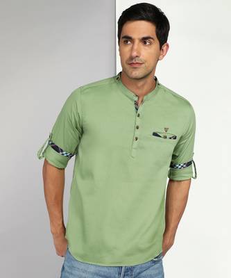 men's apple green cotton casual short kurta 1