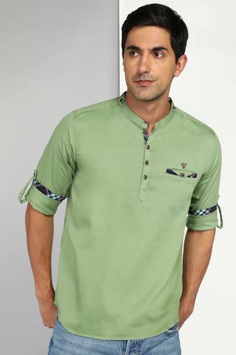 men's apple green cotton casual short kurta