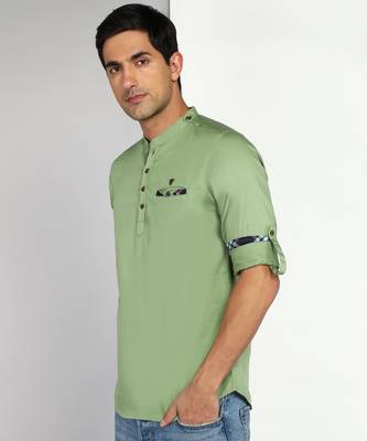 men's apple green cotton casual short kurta 3