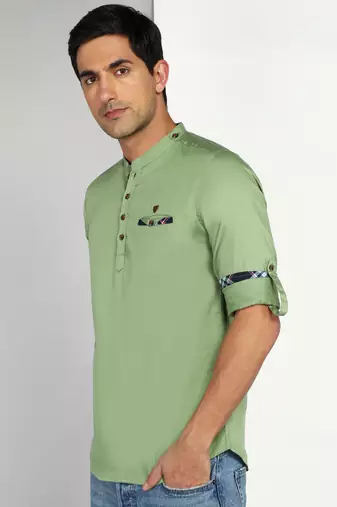 men's apple green cotton casual short kurta