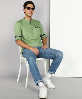 men's apple green cotton casual short kurta 4
