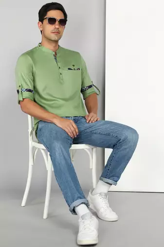men's apple green cotton casual short kurta