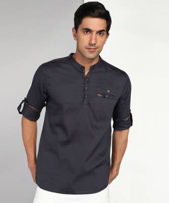 men's dark grey cotton casual short kurta 1
