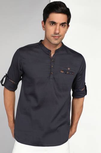 men's dark grey cotton casual short kurta