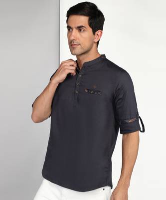 men's dark grey cotton casual short kurta 3