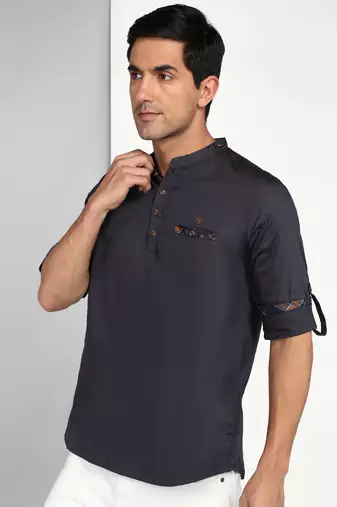 men's dark grey cotton casual short kurta