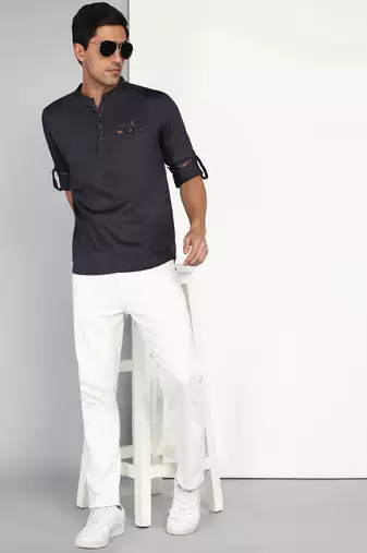 men's dark grey cotton casual short kurta