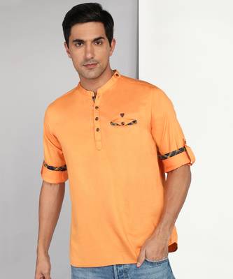men's flame orange cotton casual short kurta 2