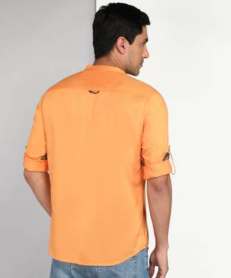 men's flame orange cotton casual short kurta 3