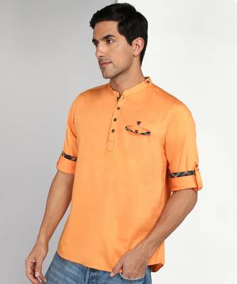 men's flame orange cotton casual short kurta 4