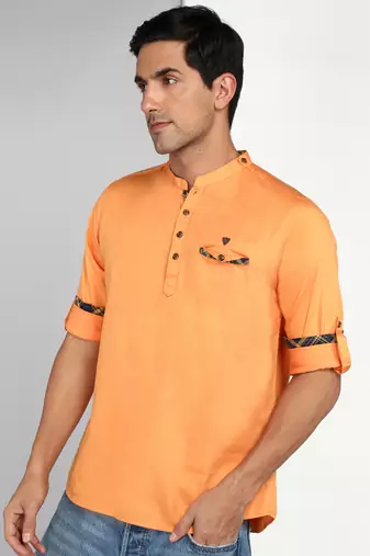 men's flame orange cotton casual short kurta