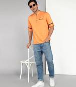 men's flame orange cotton casual short kurta