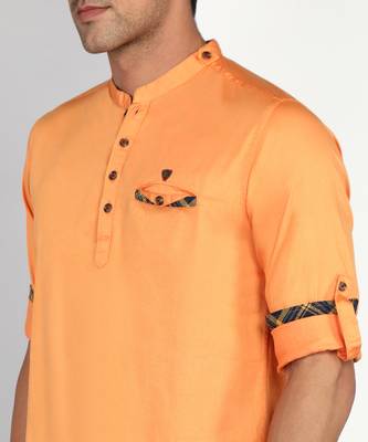 men's flame orange cotton casual short kurta 5