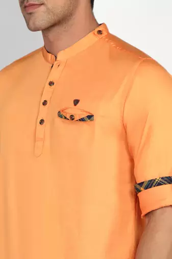 men's flame orange cotton casual short kurta