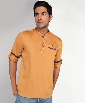 men's mustard cotton casual short kurta 1
