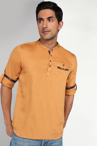 men's mustard cotton casual short kurta