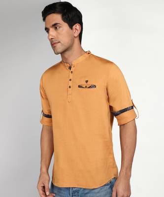 men's mustard cotton casual short kurta 3