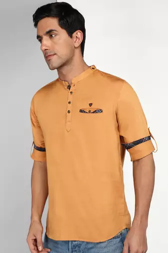 men's mustard cotton casual short kurta
