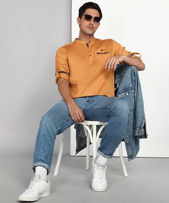 men's mustard cotton casual short kurta 4