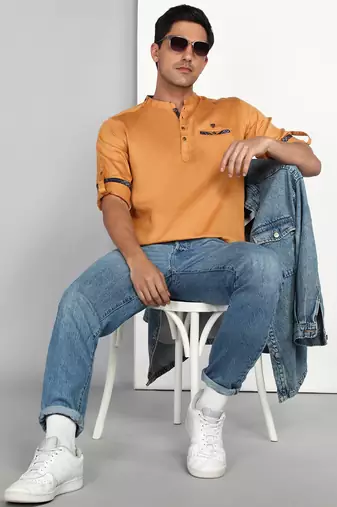 men's mustard cotton casual short kurta