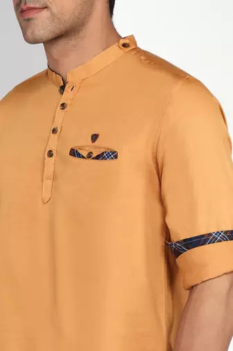 men's mustard cotton casual short kurta