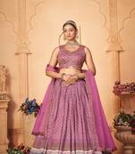Lavender Designer Heavy Digital Print & Crochet Work Chinon Full Stitched Wedding Lehenga
