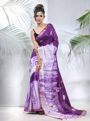 Violet and white shibori printed silk saree 1
