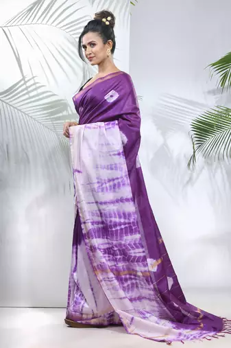 Violet and white shibori printed silk saree