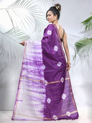 Violet and white shibori printed silk saree 3