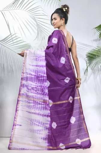 Violet and white shibori printed silk saree