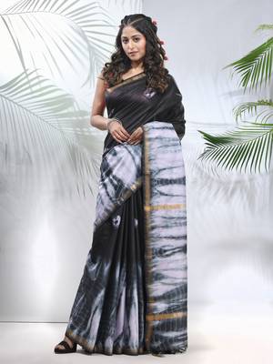 Black and white shibori printed silk saree 1