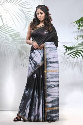 Black and white shibori printed silk saree