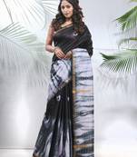 Black and white shibori printed silk saree