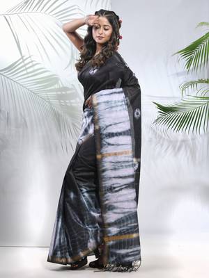 Black and white shibori printed silk saree 2