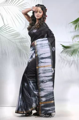 Black and white shibori printed silk saree