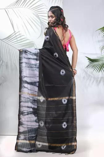 Black and white shibori printed silk saree