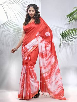 Red and white shibori printed silk saree 1