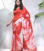 Red and white shibori printed silk saree